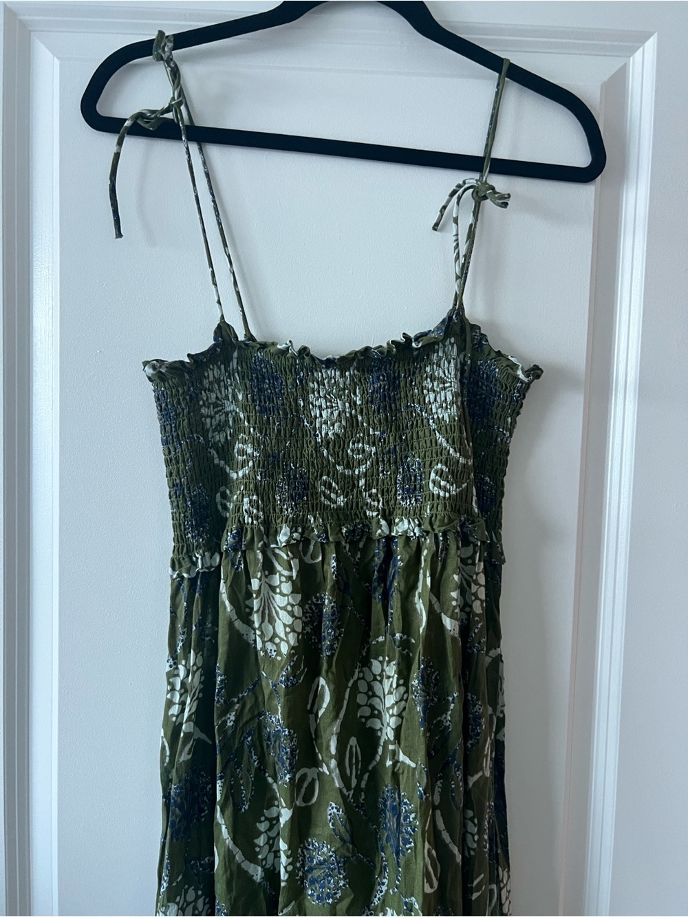 Zara Olive Green Printed Smocked Chemise with adjustable Tie Straps